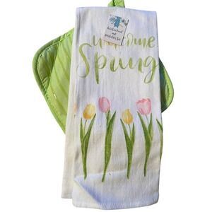 Always First Kitchen Towel and Potholder Set OS Green New Welcome Spring Tulip